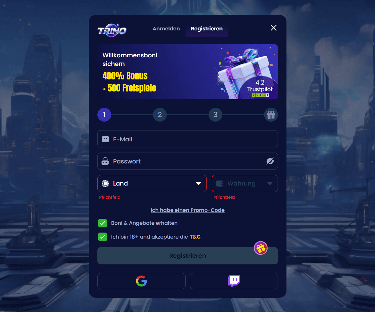 Trino Casino Registrierungsformular